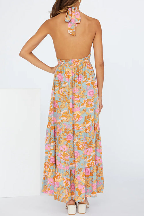 Criss Cross Halter Backless Cut Out Slit Floral Maxi Dress
