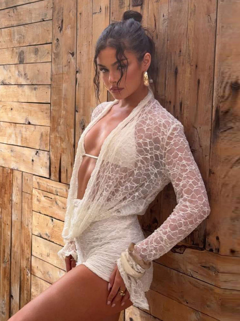 Lace Cutout Long-sleeved Cover-up Halter Neck Strap Slim-fit Shorts 3-piece Sets
