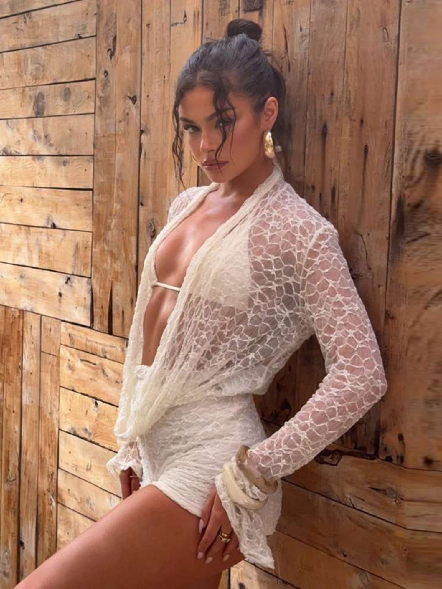 Lace Cutout Long-sleeved Cover-up Halter Neck Strap Slim-fit Shorts 3-piece Sets