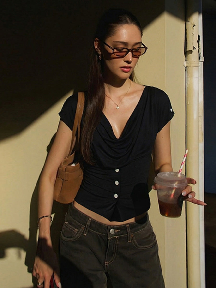 Draped Collar Buttons Slim-fit Jacket T-shirts