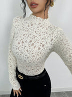 Lace Flowers Perspective High Collar Slim Fit Long-sleeved T-shirt