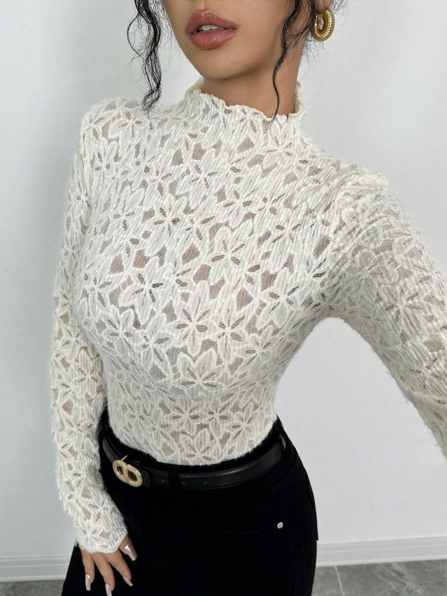 Lace Flowers Perspective High Collar Slim Fit Long-sleeved T-shirt