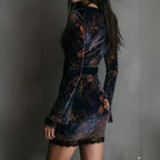 V-neck Lace Trim Printed Long Sleeve Hip-hugging Mini&Short Dresses