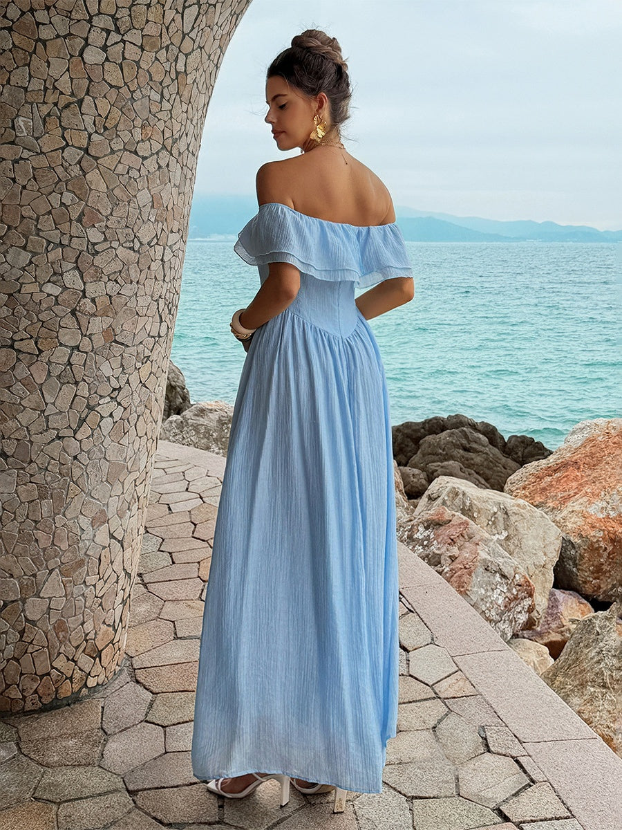 Blue Resort-style Strapless Off-shoulder Long Dress