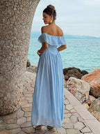 Blue Resort-style Strapless Off-shoulder Long Dress
