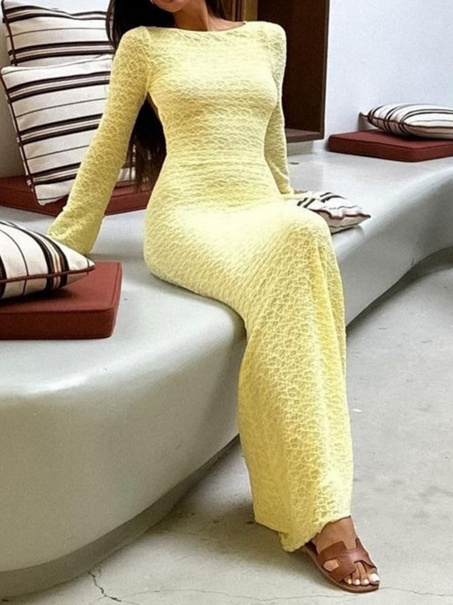 Backless Tie Crew Neck  Flare Sleeve Maxi Dresses