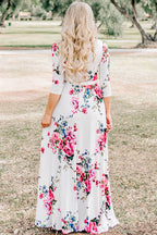 Wrap V-Neck Three Quarter Sleeve Tie Waist Floral Maxi Dress