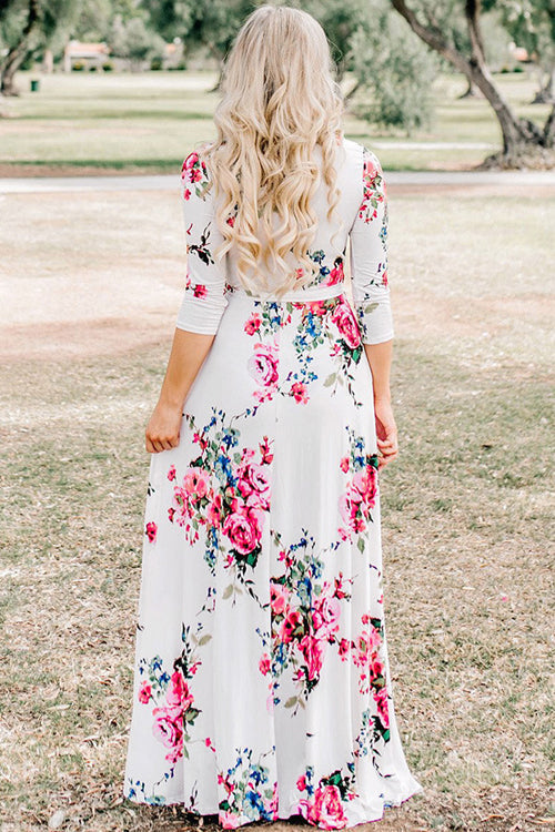 Wrap V-Neck Three Quarter Sleeve Tie Waist Floral Maxi Dress