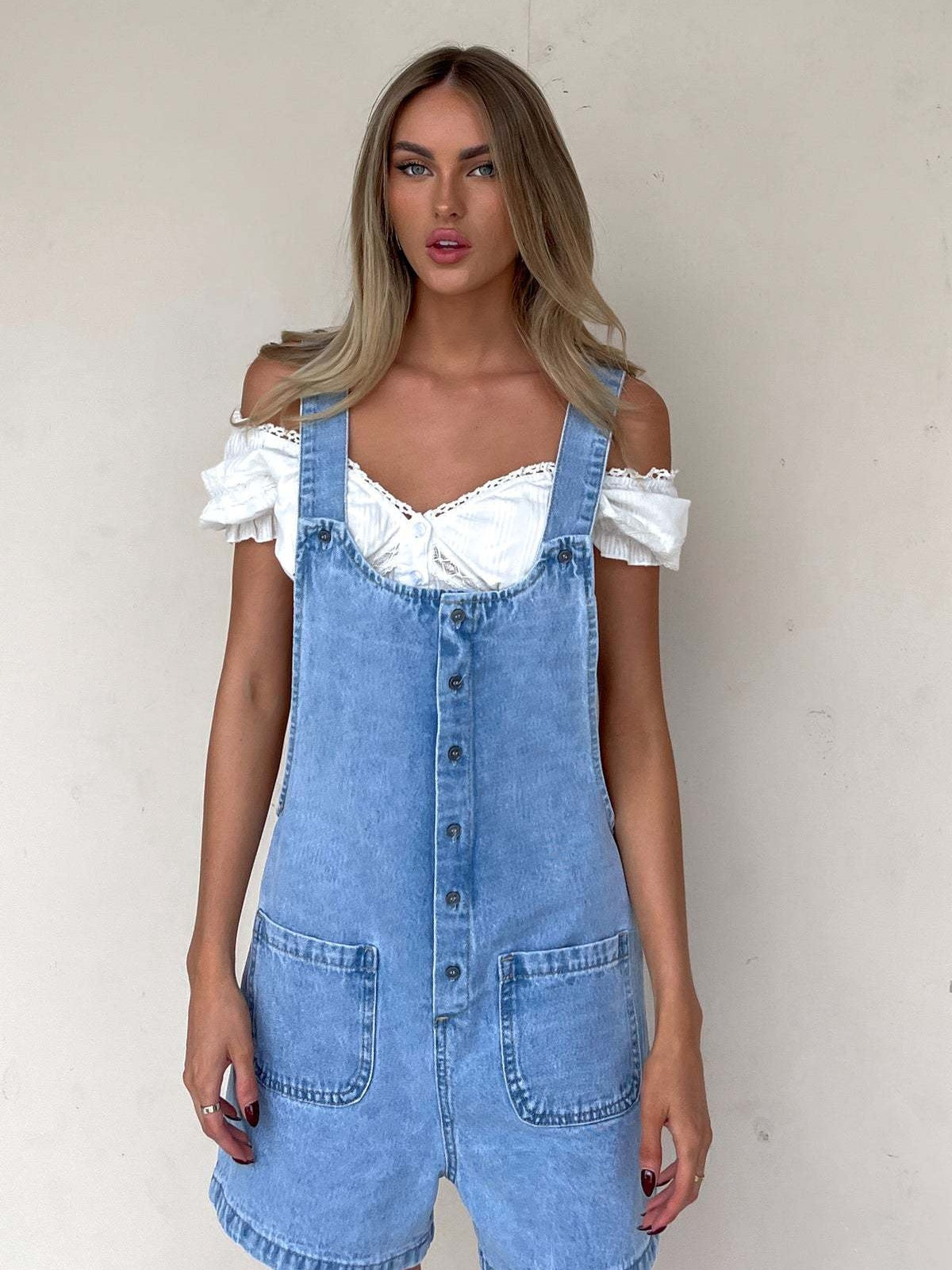 Straight-leg Denim Overalls Shorts