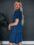 Denim Buttons Short-sleeved Collar Mini&Short Dresses