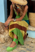 V Neck Backless Color Block Maxi Cami Dress