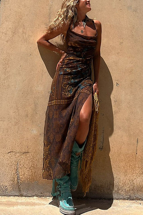 Scoop Neck Spaghetti Strap Patchwork Geometric Print Maxi Dress