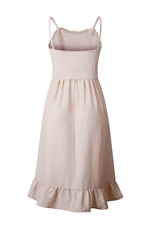 Smocked Bodice Wide Strap Tie Waist Ruffle Hem Midi Dress
