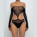Long sleeve off shoulder mesh rhinestone bodysuit  | Festival Outfits Women