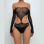 Long sleeve off shoulder mesh rhinestone bodysuit  | Festival Outfits Women