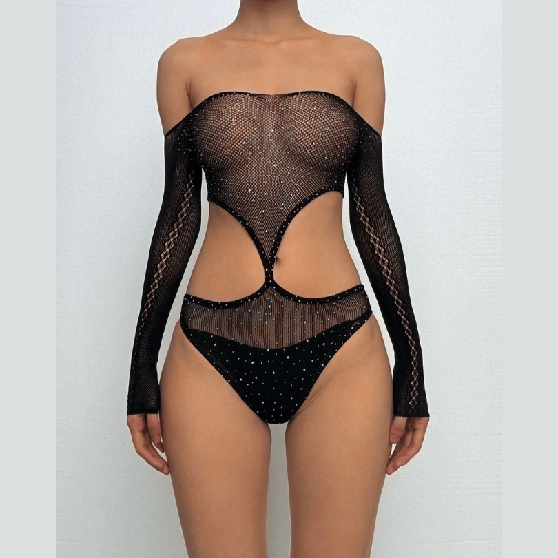 Long sleeve off shoulder mesh rhinestone bodysuit  | Festival Outfits Women