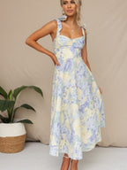 Waist V-neck Bandage Camisoles Printed Vacation And Leisure Maxi Dresses