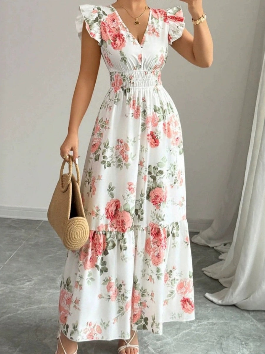 Ruffle Plants And Flowers Printed Long Dress