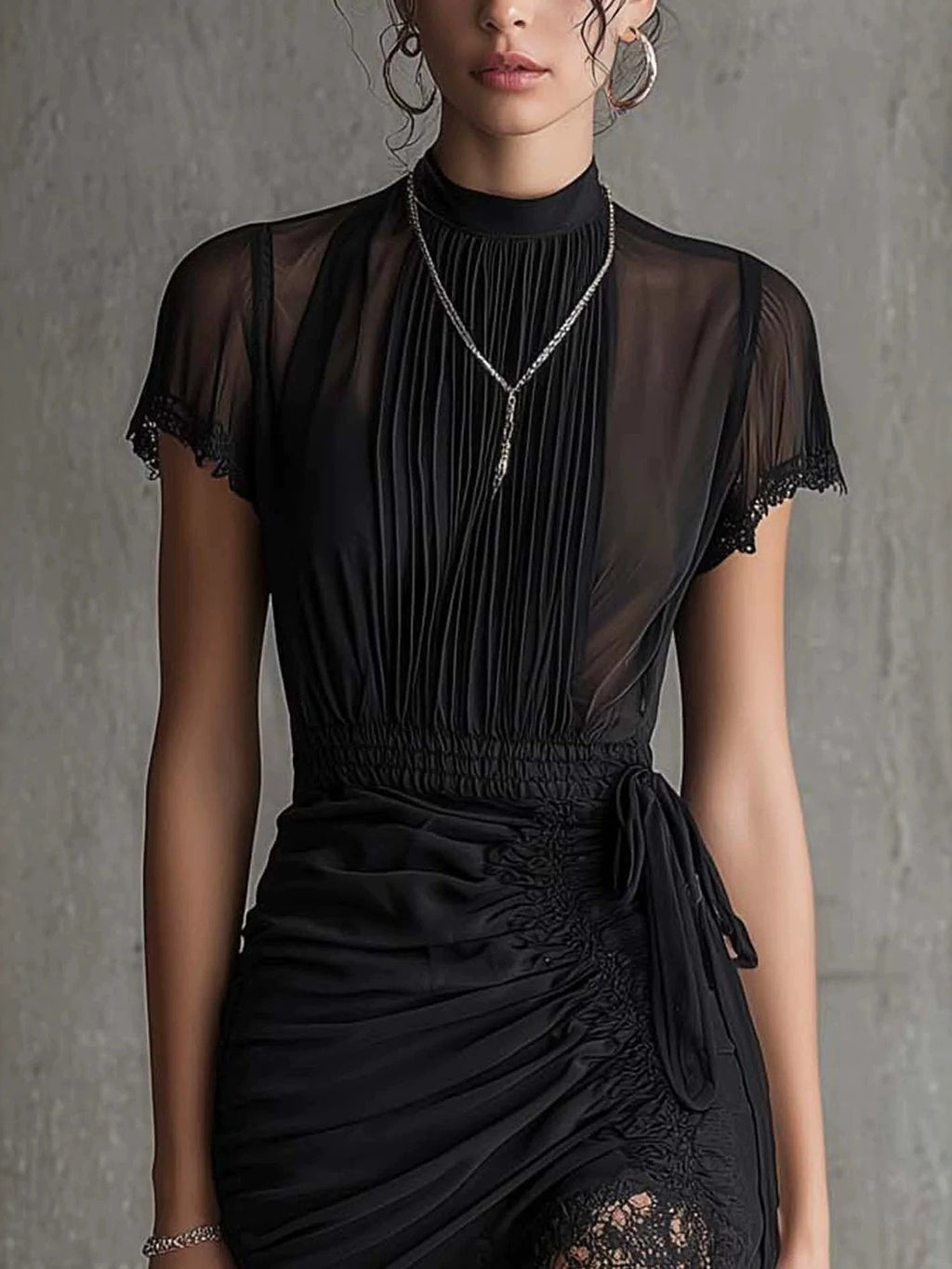 Black Sheer Lace-trimmed Slim-fitting High-slit Short Dress