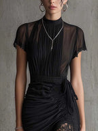 Black Sheer Lace-trimmed Slim-fitting High-slit Short Dress