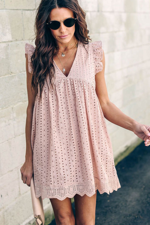 V-Neck Eyelet Lace Flutter Sleeve Pocket Babydoll Mini Dress