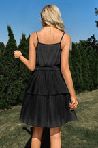 Surplice Wrap Spaghetti Strap Self Tie Tiered Ruffle Crinkle Mini Dress