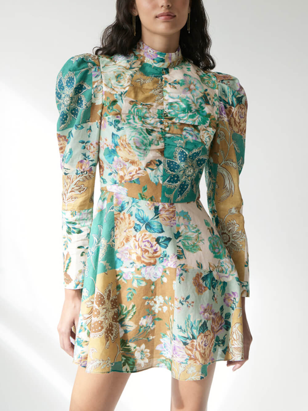 Patchwork Floral Print Mock Neck Puff Shoulder A-Line Mini Dress