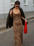 Leopard Print V-neck Backless Maxi Dresses