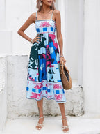 Square Neck Spaghetti Strap Abstract Tropical Print Midi Dress