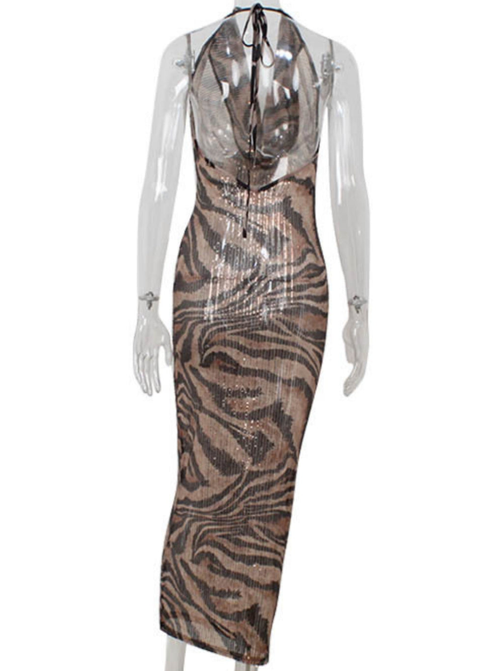 Leopard Print Sequins Deep V-neck Halter Neck And Backless Maxi Dresses