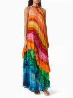 Gradient Print Sexy Off-Shoulder Puffy Long Dress