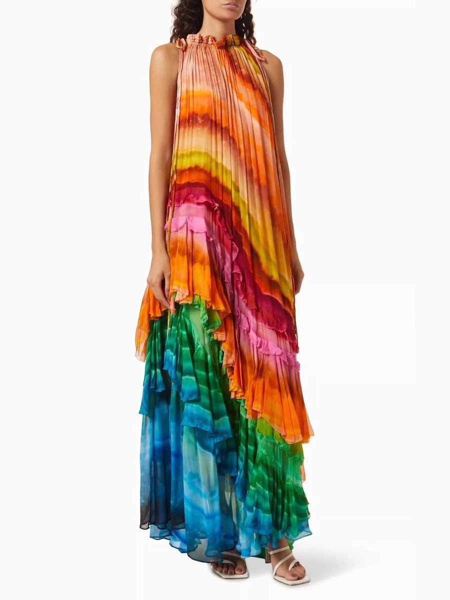 Gradient Print Sexy Off-Shoulder Puffy Long Dress