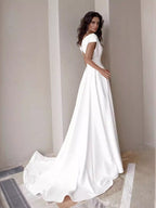 V-neck, Ruffled, White, Mid-waisted, Solid Color Long Dress
