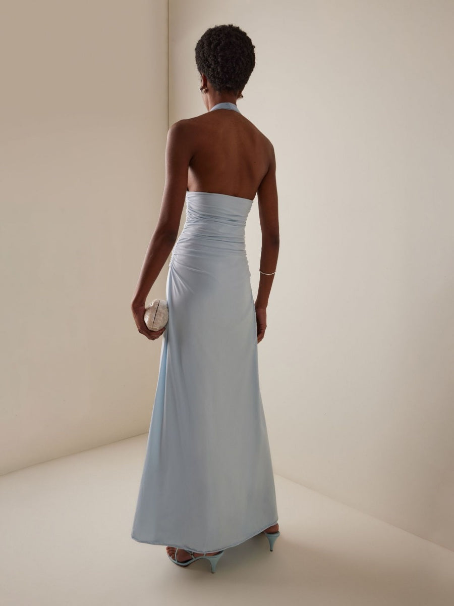 Halter Slit Deep V Big Backless 3D Flowers Blue Maxi Dresses