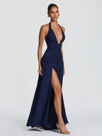 Pleated High Fork Halter Neck And Backless Maxi Dresses