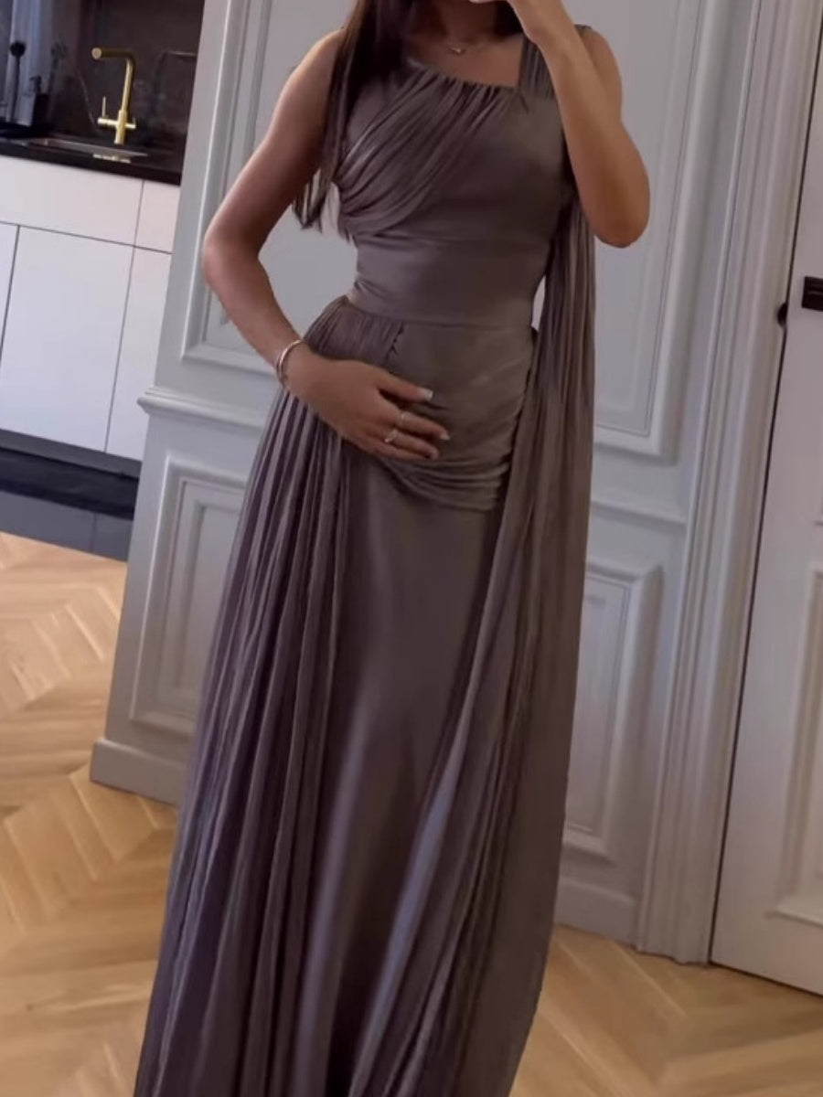 Gray Purple Pleated Ribbon Satin Maxi Dresses