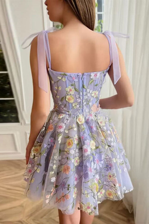 Sweetheart Corset Bodice 3D Floral Embroidered Tie Shoulder Mini Dress