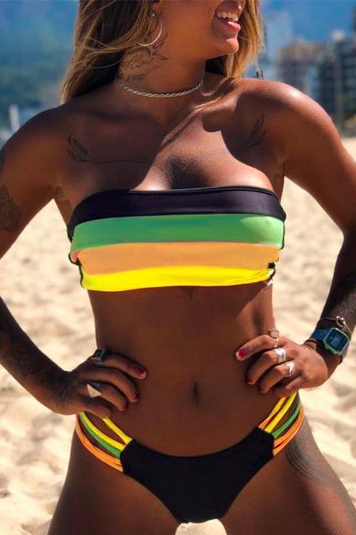 Rainbow Striped Tube Top Bandeau Bikini Set