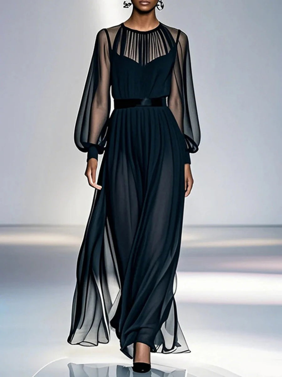 Black Waist Camisoles Mesh 2-piece Sets Maxi Dresses