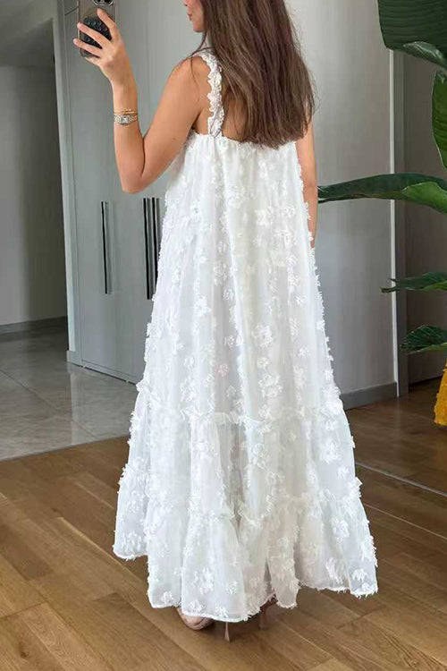 V Neck Sleeveless Flower Applique Ruffle Maxi Dress