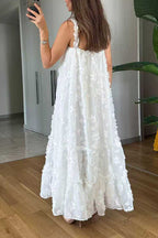 V Neck Sleeveless Flower Applique Ruffle Maxi Dress