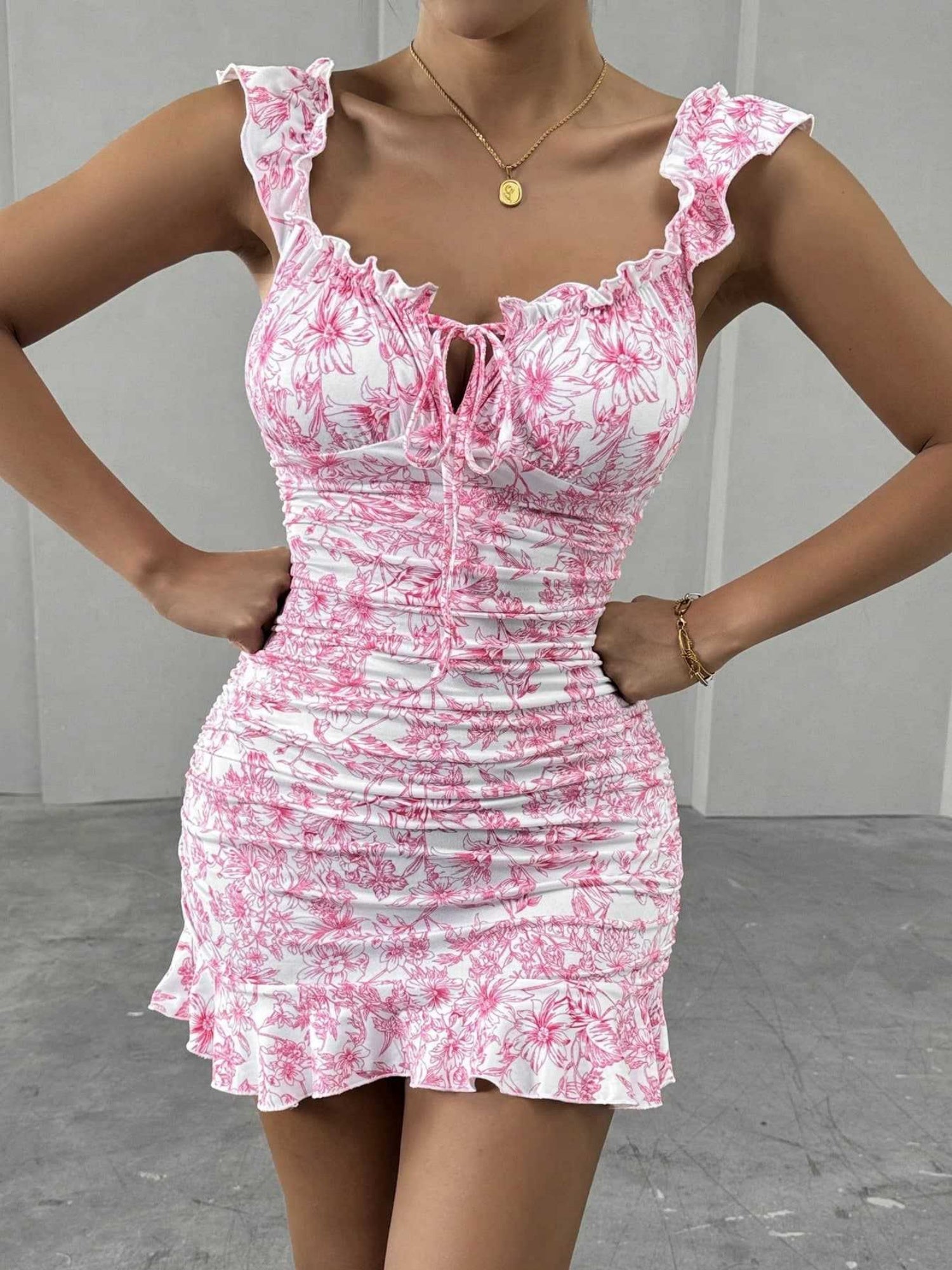 Floral Print Ruffle Off-shoulder Waist Shaping Mini&Short Dresses