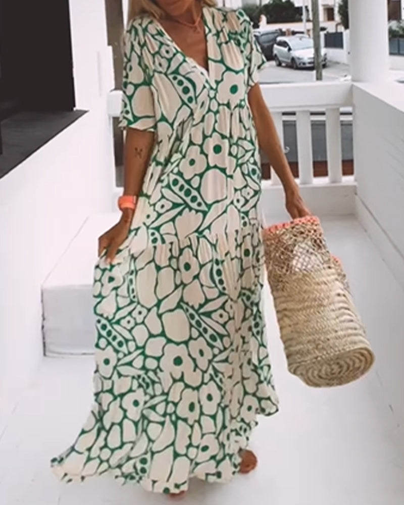 Yoselin Boutique Loose Fitting V Neck Dress with Print Chic Silhouette Collection
