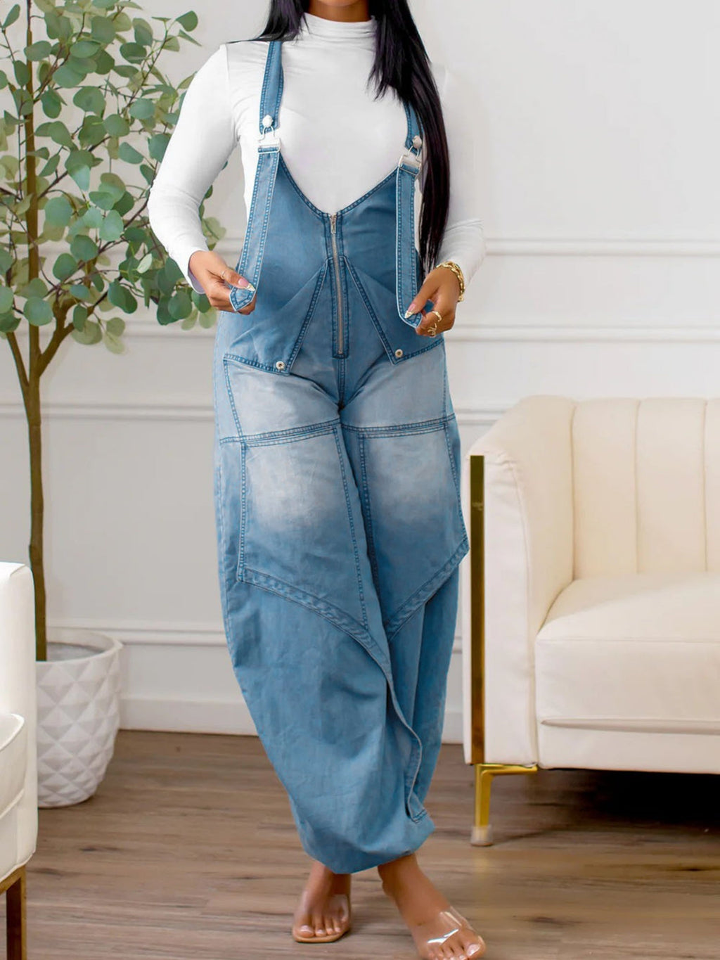 Zipper Splicing Pocket Denim Overalls