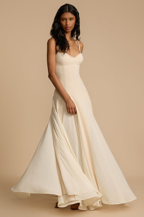 Spaghetti Strap Sweetheart Corset Bodice Pleated Godet Panel Maxi Dress