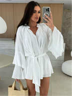 V-neck, Irregular Tie-waist, Long-sleeved, Loose-fitting Short Dress