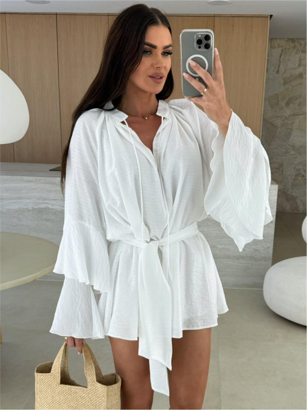 V-neck, Irregular Tie-waist, Long-sleeved, Loose-fitting Short Dress