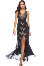 Deep V-Neck Floral Sequin Mesh Overlay High Slit Maxi Gown