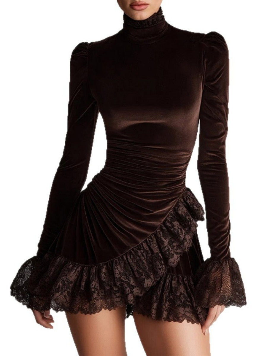 Turtleneck Lace Velvet Splicing Pleated Banquet Mini&Short Dresses