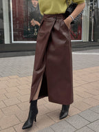 PU Leather Buttons Pleated High-waisted Side Slit Longline Skirts